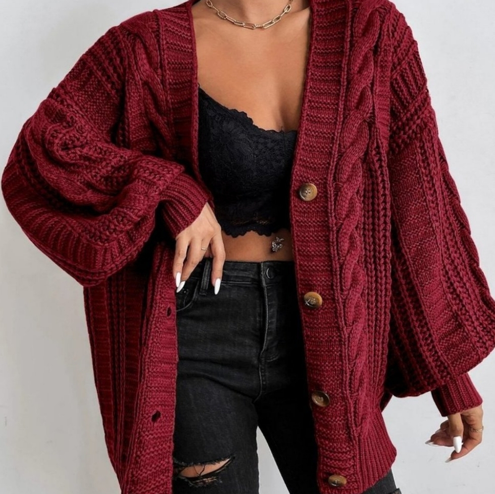Burgundy Womens button down Cable Knit Cardigan - Picture 2 of 4